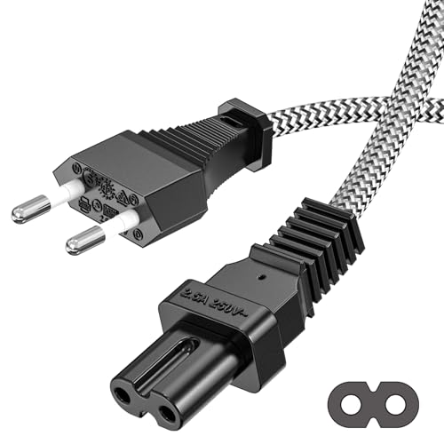 Ancable Cavo di alimentazione 2 m Euro – C7 con rivestimento in nylon intrecciato per TV e console, certificato VDE, spina di alimentazione su presa Euro 8, compatibile con PS4 PS5 TV Radio