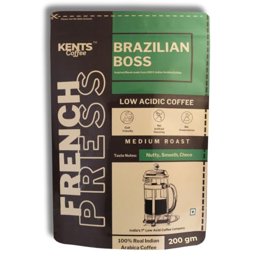 Image of Kents Coffee Brazilian Boss - MEDIUM ROAST Ground Coffee| LOW ACIDIC COFFEE | French Press Course Grind | Nutty, Smooth, Chocolate Notes | 100% Arabica Powder | Chikamangalur Single Estate Speciality Pouch | Hot & Cold Brew | Gut Friendly | Freshly Roasted Everytime (200Gm)