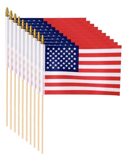 JYDRUX 12 Pack American Flags on Stick 8x12 Inch Wooden US Handheld Flags Premium All-Weather Fade-Resistant Print for Memorial Day & Patriotic Events 250th Anniversary Independence Day Decorations