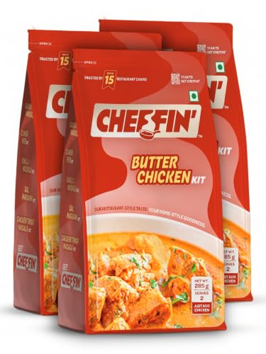 Image of Cheffin' Butter Chicken Masala 285g | Ready to Cook in 10 mins | Serves 2-3 | Just add Fresh Chicken or Paneer | All Natural, No Preservatives | 3-Pouch Cooking Kit for Restaurant Style Taste at Home