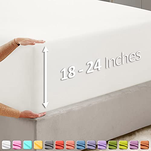 Soft White Queen Size Fitted Sheet with Extra Deep Pocket - Fits up to 24 Mattress