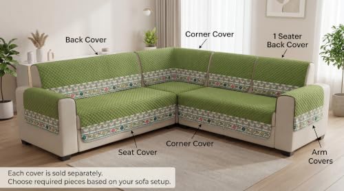 Image of KINGLY L-Shape Sofa Cover 7 Seater 4+3 Velvet Full Cover - Olive Green | Fully covered quilted velvet slipcover, washable anti-slip furniture protector, L-type corner sofa cover for living room