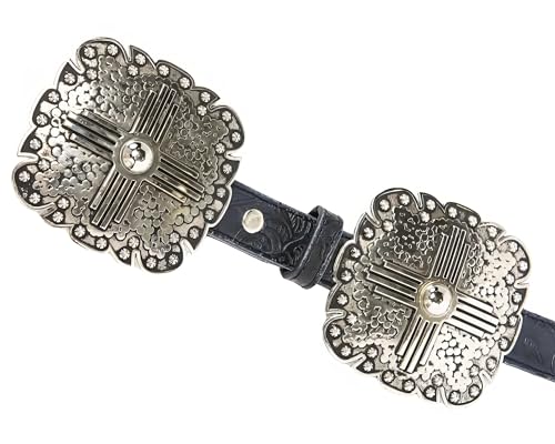 Ladies Black Floral Embossed Leather Belt with Antique Silver Tone Square Conchos, Removable Buckle4