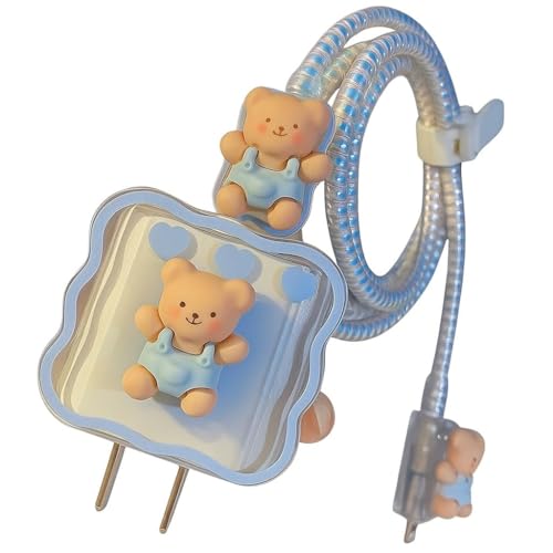 Image of Dezet for iPhone Charger 18-20W Cute Cartoon Charging Cable Protector Set for iPhone Fast Charging USB Cable with Protective Silicone Cover & Organizer Clip Stylish Design (TEDY 3 Cat BROWN)