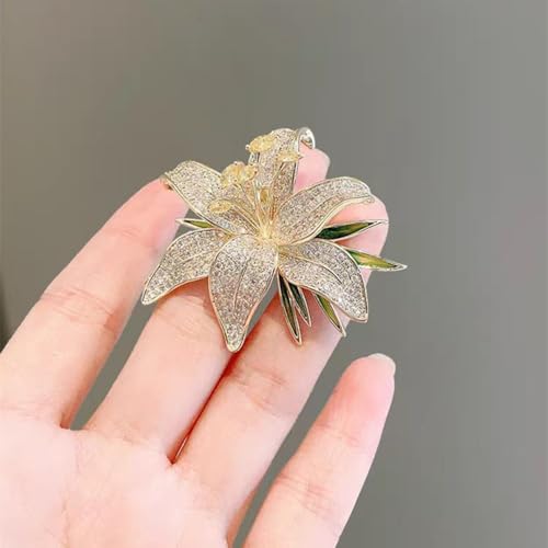 Image of Lily Flower Wedding Statement Brooch Art CZ Lapel Pin Austrian Crystal Leaf Bouquet Clusters Brooches Elegant Dress Suit Sweater Accessories for Women Ladies Party Prom Xmas Jewelry Gift