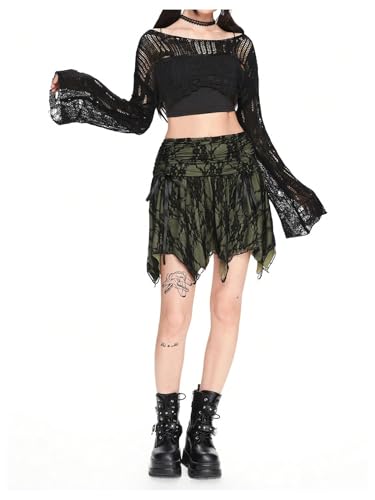 Verdusa Women's Crochet Crop Top Lightweight Sweaters Shrugs Flare Long Sleeve Pullover Knit Tops Goth Clothes3