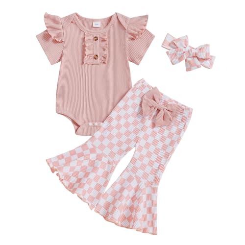Image of MERSARIPHY Baby Girl Bell Bottom Outfit Infant Newborn Western Summer Clothes Short Sleeve Ruffle Romper Tops Flare Pant Set