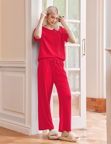 Image of Ekouaer Pajama Sets for Women 2 Piece Lounge Set Short Sleeve Tops and Long Pants Soft Comfy Pjs Sleepwear Outfits S-XXL