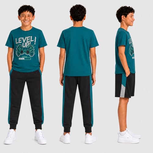 Image of Pro Athlete Boys Pants Set - 3 Piece Active Short Sleeve Graphic Tees Athletic Shorts and Jogger Sweatpants for Boys