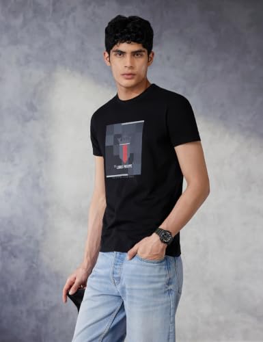 Image of Louis Philippe Men's Slim Fit Jersey Half Sleeve Crew Neck Tshirt with Stretch Graphic Print Brand Carrier on Chest