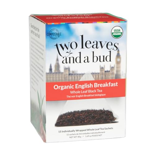 Two Leaves and a Bud Organic English Breakfast Tea Bags, Caffeinated Whole Leaf Black Tea in Compostable Sachets, 15 Count (Pack of 1)
