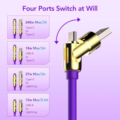 Image of MFish 2-Pack 240W 4-in-1 Multi Charging Cable, Grey+Purple, 6.6FT