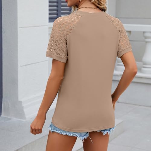 Camisetas femininas de malha de renda e manga curta, gola redonda, plissada, cor sólida, caimento so