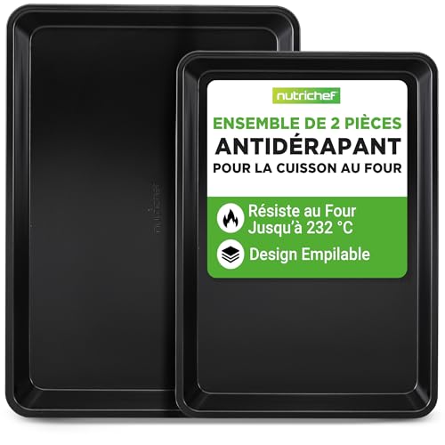 Nutrichef Lot de 2 Plaques à Biscuits Antiadhésives Noires – Ustensiles de Cuisine en Acier au Carbone Non Toxique, Empilables, Parfaits pour Biscuits, Brownies, Roulés – Résistantes au Four
