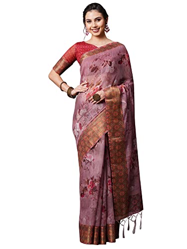 Image of AKHILAM Women's Ikat Linen Saree With Blouse Piece
