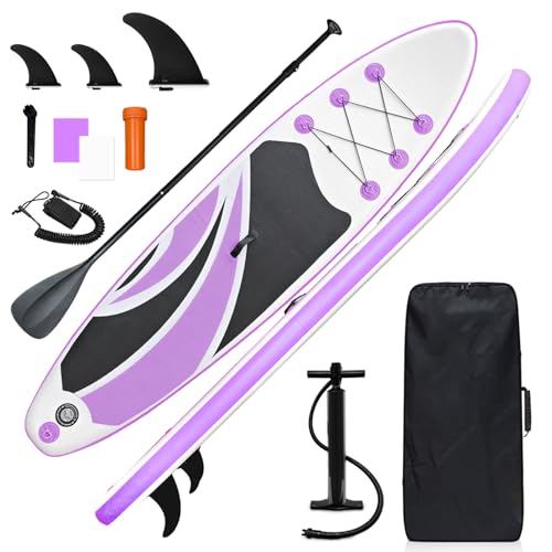 Inflatable Stand Up Paddle Board 10ft - Foldable SUP with Adjustable Paddle, Pump, Backpack, Leash, 3 Fins & Repair Kit for Yoga, Fishing, Travel (Purple)
