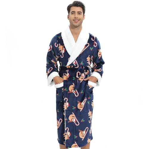 QIYUANT Dressing Gowns for Men Soft Fleece Fluffy Bath Robes Winter Warm Cozy Men's Bathrobe Loungewear Shawl Collar Loungewear Nightwear Homewear (Men's Blue Candy Cane, S)