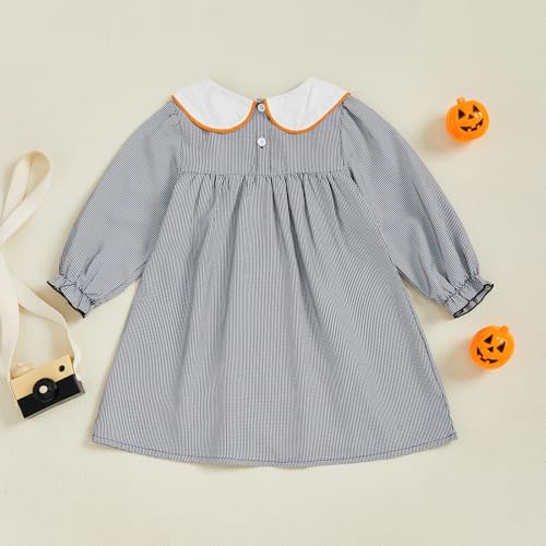 Kids Girl Halloween Outfit Polka Dot Print Pumpkin Bow Embroidery Long Sleeve Peter Pan Collar Dress Fall Photoshoot Clothes4
