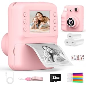 Appareil Photo Instantané Enfant, Appareil Photo Enfant avec Papier d’Impression & Carte 32GB, Écran 2.4'' HD, Vidéo 1080P, Selfie & Jeux, Cadeau Noël Anniversaire pour Filles Garçons 3 à 12 Ans