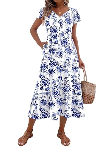 Image of Zeagoo Women's Summer Casual Dress Flutter Short Sleeve V Neck Button Down Tiered Flowy Long Dress with Pockets