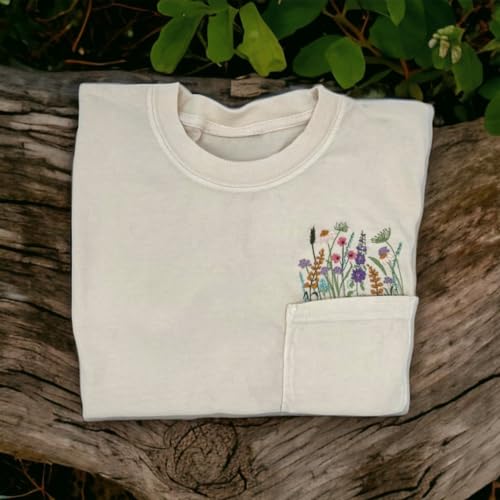 Embroidered crewneck wildflower pocket Tshirt, Hoodie, Sweatshirt, Embroidered flower shirt, Spring clothing, Floral pocket tee4