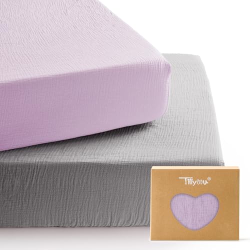 Image of TILLYOU 2 Pack Muslin Crib Sheets for Boys and Girls, 100% Cotton Fitted Crib Sheet for Toddler 52x28 Standard Crib Mattress, Grey and Purple