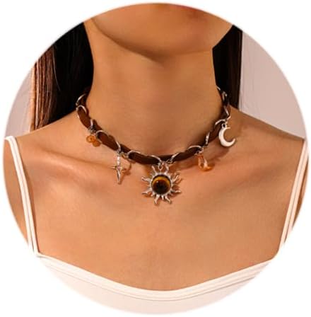 Vinzar Boho Sun Pendant Necklace Brown Leather Necklace Silver Moon Star Choker Necklace Crystal Stone Collar Necklace for Women
