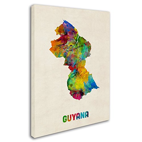 Guyana Watercolor Map By Michael Tompsett, 35X47-Inch Canvas Wall Art #TOP1
