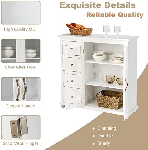 TANGZON Kitchen Sideboard, Wooden Storage Cabinet with 4 Drawers, 2 Glass Doors, Metal Handles & Anti-Toppling Device, Buffet Cupboard for Living Room Dining Room Hallway (White)