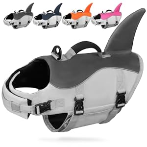 AMZNOVA Shark Hundeschwimmweste, Schwimmweste with Flossen & Haiflosse, Rettungsweste Hund für Bootfahren, Schwimmhilfe & Verstellbar, XS, Grau