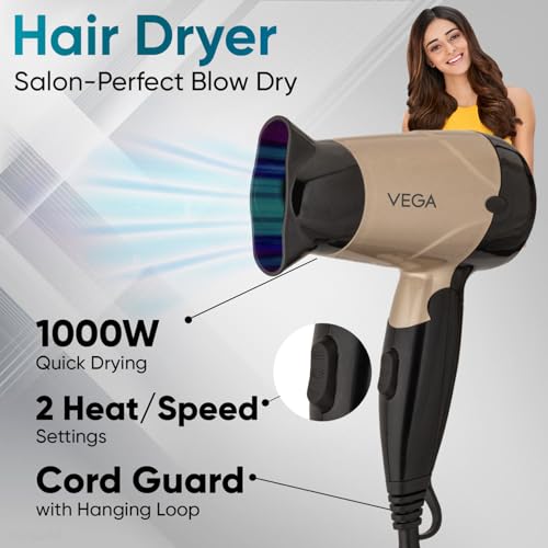 Vega Miss Versatile Styling Set Straightener, Curler & Dryer Gift Combo for Women, 1000W Hair Dryer with 2 Head/Speed Setting, Hair Straightener & Curler comes with Ceramic Coated, (VHSS-03), Black (Image - 4)