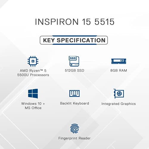 Image of Dell Inspiron AMD 5515 15.6 inch FHD Display Laptop Windows 10 (R5-5500U / 8GB / 512GB SSD /Integrated Graphics / Win10 + MSO /Backlit KB + FPR /Silver) D560557WIN9S