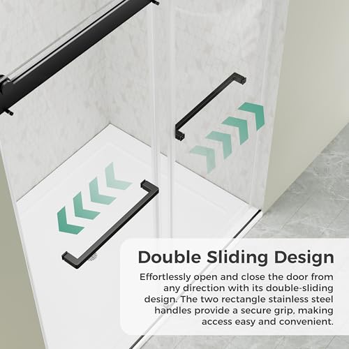 DELAVIN 56\"-60\"W x 75\"H Frameless Shower Door, Double Sliding Shower Door, 5/16\"(8mm) Clear Tempered Glass, Noiseless Shatterproof Shower Door with Square Rail, Stainless Steel, Aluminum, Matte Black