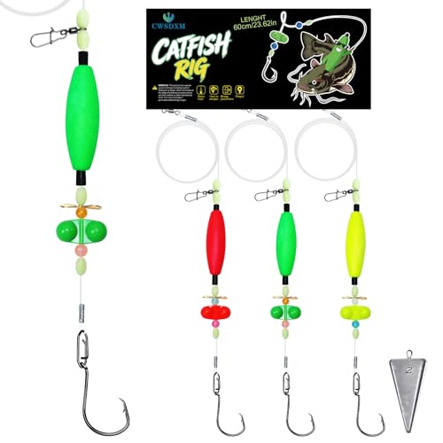 Catfish Rigs with 2oz Pyramid Sinker，High Carbon Circle Hooks 6/0 8/0，3/6pcs Catfish Float Rigswith Adjustable Bottom-lowering Device,Take Down Rigs for Catfish,Complete & Ready-to-Use Kit