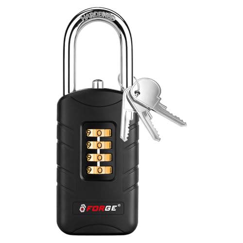 Forge 4-Digit Combination Padlock with Backup Keys, Recover Forgotten Code, Waterproof Outdoor Lock, Anti-Pick, for Locker, Gate, Fence, Hasp, Storage. (Black, Short Shackle 1 Lock)