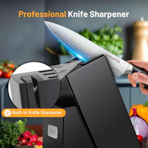 VINATO Cuchillos Cocina, Bloque de Cuchillos de 14 Piezas con Afilador, Juego de Cuchillos de Cocina con Aspecto de Damasco, Bloque de Cuchillos con Juego de Cuchillos de Chef Profesional - imagen 6