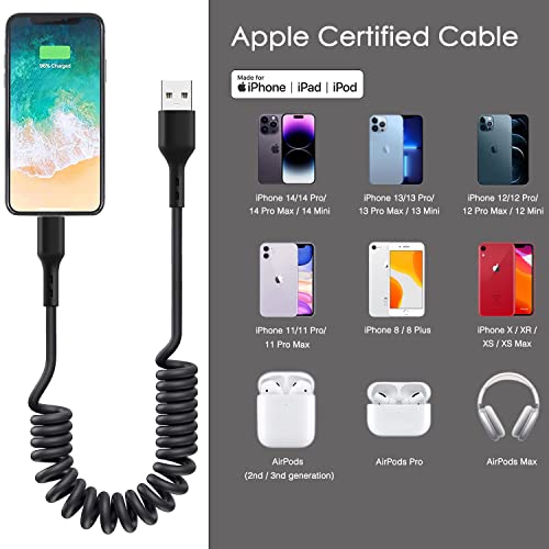 Car Apple Iphone Cable, Usb To Lightning Cable For Iphone 14, 14 Pro Max,13,Plus, Se 2Nd/12/11/Xs/Xr Charger Cord, Retractable Coiled Long Carplay Car Charging Cable (Usb A To Lightning, Black) #TOP5