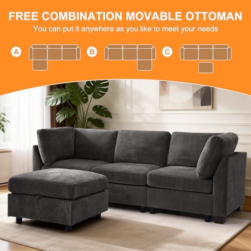 Image of TEKAMON 94 inch L Shaped Modern Sofa Modular Sectional Couch with Ottoman, 4-Seat Chenille Deep Seat Sofa for Living Room, Bedroom and Apartment, Dark Grey