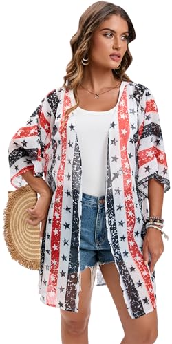 Image of DDSOL Women's American Flag Kimono Cover up Beachwear Cardigan Loose Tops Shirt Blouse