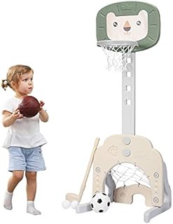 Maxmass Basketball Hoop Set, 3 in 1 Sports Activity Center with Basketball, Soccer Ball & Golf Set, Height Adjustable Basketball Stand for Kids (Beige + Green)