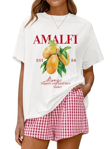 Image of LOGENE Women Two Piece Lounge Pajamas Set Oversized T-Shirts & Boxer Plaid Shorts 2026 Summer Casual Loungewear Comfy Outfits