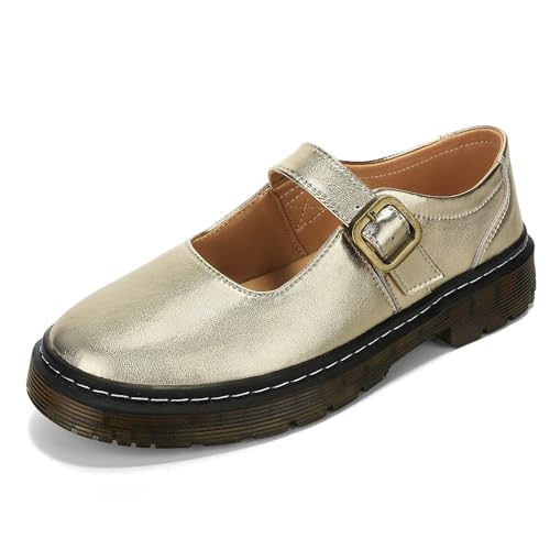Image of Women's Mary Jane Flat Shoes Comfort Platform Buckle Ankle Strap Flats Breathable Slip On Lightweight Office Work Shoes Gold,8 US