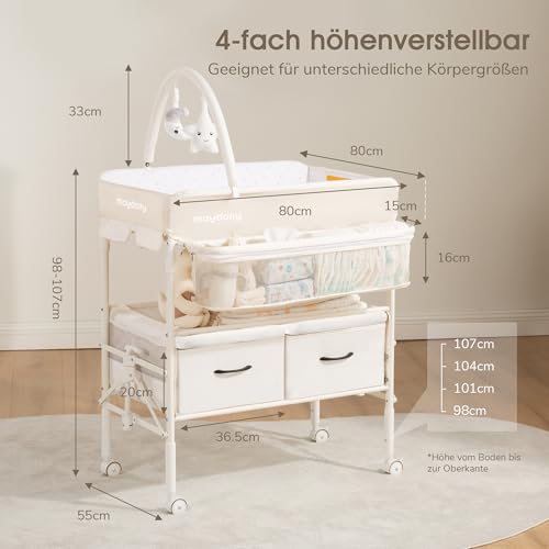 Maydolly Tragbarer Wickeltisch für Babys, Multifunktionaler Faltbarer Wickeltisch, Höhenverstellbar mit Rädern und 2 Aufbewahrungskörben, Wasserdichtes Sitzkissen zum Wickeln, Beige