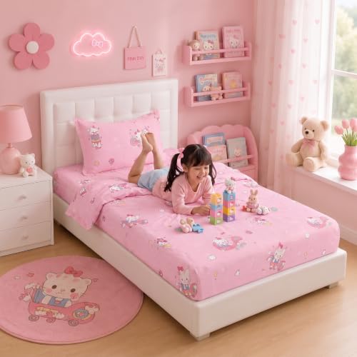 Image of Filymore Kids Single Bedsheet with 1 Pillow Cover | Cartoon Kitty Printed Bed Sheet for Single Bed | 240 TC Soft Microfiber Bedding Set | 90 x 60 Inch Bedspread | Pink & White