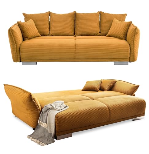 Big Sofa B242/T131/H90 cm mit Schlaffunktion, Stauraum, Armlehnenverstellung, Lounge Couch mit Federkern und Wellenunterfederung, Liegefläche 168x199 cm, Bezug Cord in Gold Ockergelb / 17213