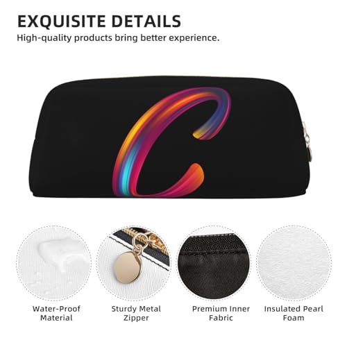 Image of Cute Initial Pencil Case for Kids Simple Leather Pencil Pouch for Boys Girls Letter Design Pencil Box Pen Bag Pencil Pouch Office Stationery Organizer, Rainbow Letter C
