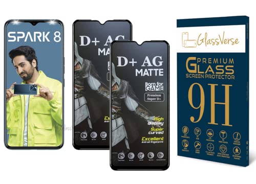 Image of GlassVerse Matte Tempered Glass for Tecno Spark 8 | Anti Glare, Smooth Touch Screen Protector, 9H Hardness, Edge to Edge, Case Friendly, Hassle-less Installation Kit Included. (Pack of 2)