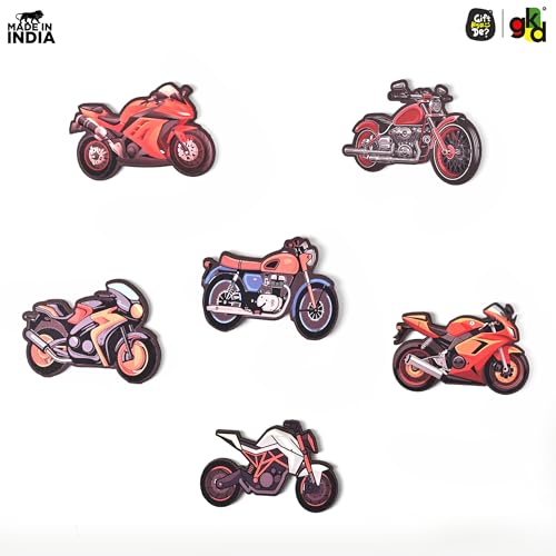 Image of GKD Wooden Fridge Magnet for Bike Lovers - Retro Bike Logo Design | Fridge Sticker for Home & Office Decor | Gift for Riders, Bikers & Travel Enthusiasts Pack of 6 (Bikes)