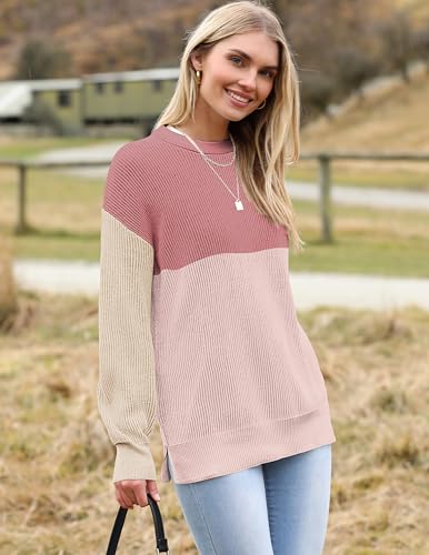 Image of Zeagoo Women 2026 Fall Lightweight Oversized Sweater Crew Neck Long Sleeve Color Block Pullover Rib Knit Blouse Tops XS-2XL