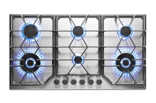 PremierTech Piano Cottura a Gas 6 fuochi, 90 cm, Acciaio Inox, Incasso 83 x 49cm, Doppio Bruciatore Wok, Supporti in Ghisa professionali, predisposto Metano e Kit Ugelli GPL inclusi, PC906